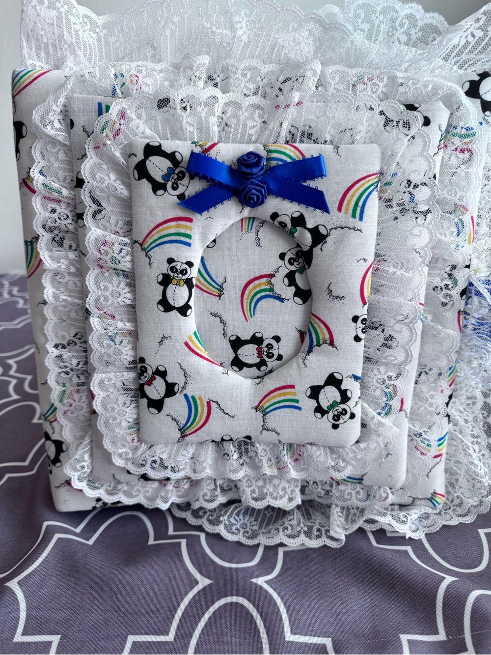Handmade Panda & Rainbow Fabric Frame with Lace and Blue Bow